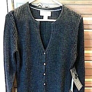 Marisa Christina Petite Gray Grey Ribbed V-Neck Italian Merino Sweater PM